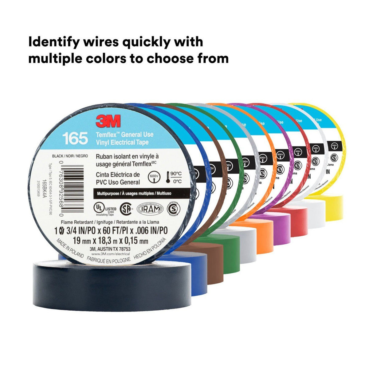 3M 165BK4A Temflex Vinyl Electrical Tape 165 Black 3/4 in x 60 ft x 0 in Multi-Purpose (7100169254)  - (100 Pack) - 10