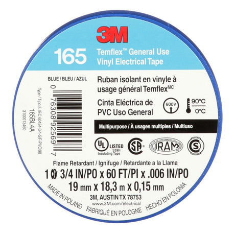 3M 165BL4A Temflex Vinyl Electrical Tape Blue 3/4 in x 60 ft 6 mil Multi-Purpose Flame Retardant (7100169429)  - (10 Pack)