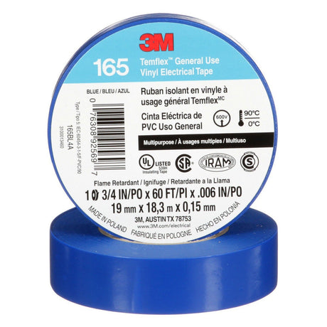 3M 165BL4A Temflex Vinyl Electrical Tape Blue 3/4 in x 60 ft 6 mil Multi-Purpose Flame Retardant (7100169429)  - (10 Pack) - 2