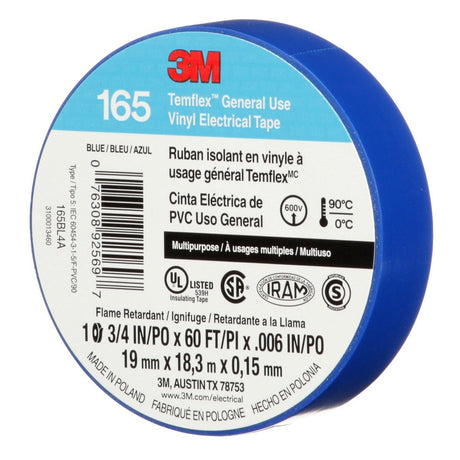 3M 165BL4A Temflex Vinyl Electrical Tape Blue 3/4 in x 60 ft 6 mil Multi-Purpose Flame Retardant (7100169429)  - (10 Pack) - 3