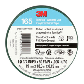 3M 165 Temflex Multi-Purpose Vinyl Electrical Tape, Green, 3/4 in x 60 ft, 6 mil, 600 V, PVC, Flame Retardant (165GR4A) (7100169430) (10 Rolls)  - (10Pack)
