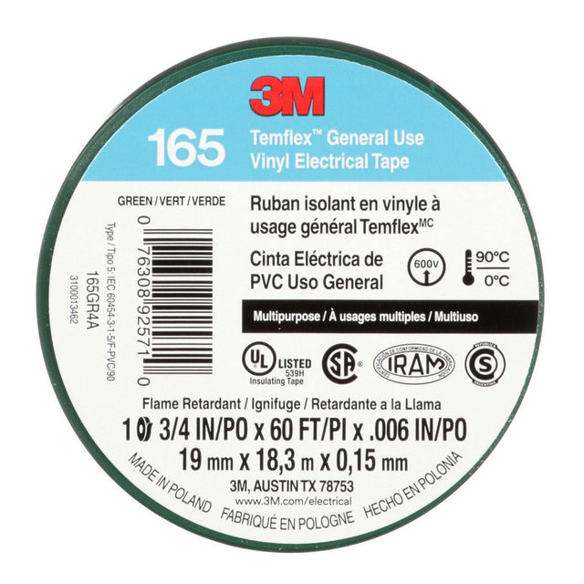 3M 165 Temflex Multi-Purpose Vinyl Electrical Tape, Green, 3/4 in x 60 ft, 6 mil, 600 V, PVC, Flame Retardant (165GR4A) (7100169430) (10 Rolls)  - (10Pack)