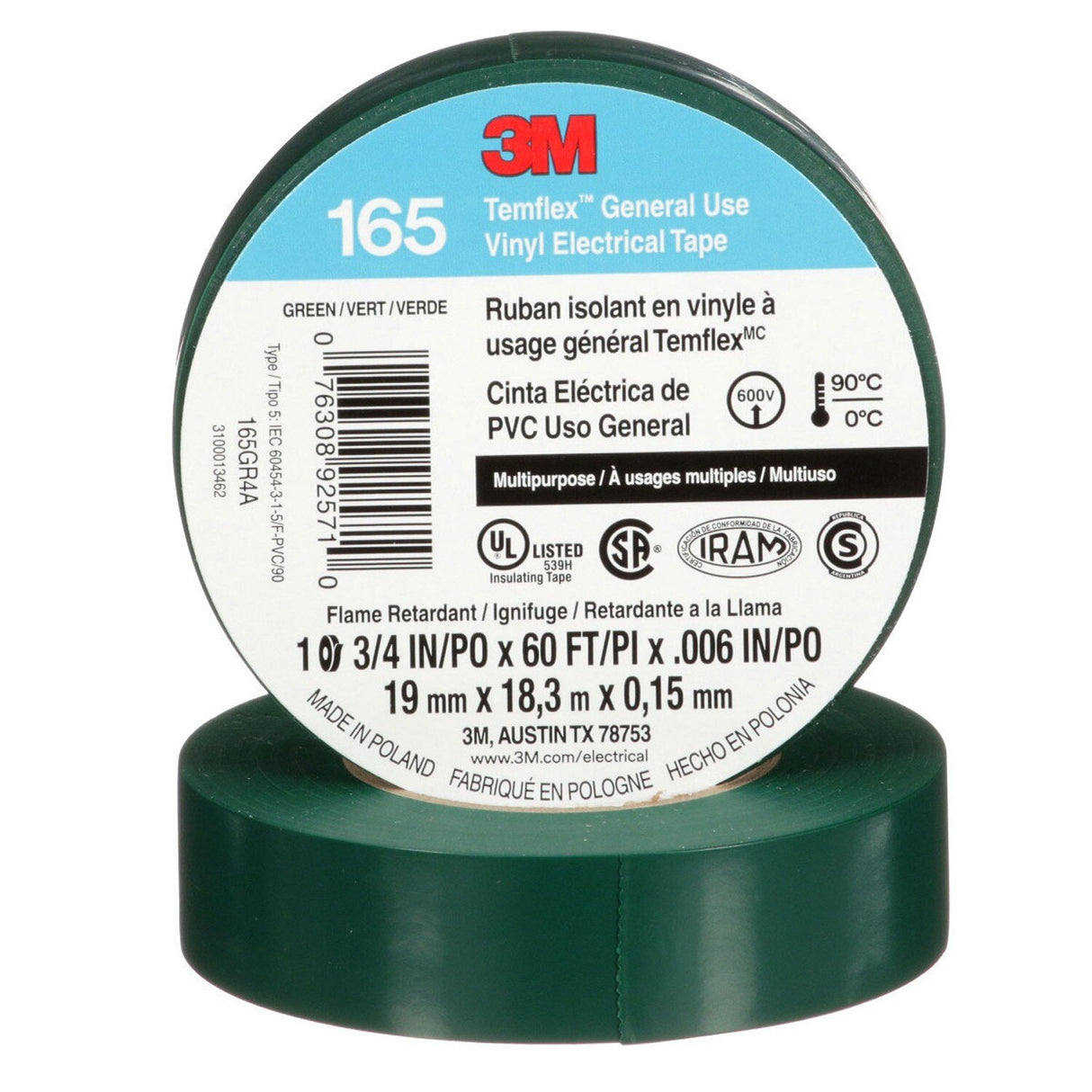 3M 165 Temflex Multi-Purpose Vinyl Electrical Tape, Green, 3/4 in x 60 ft, 6 mil, 600 V, PVC, Flame Retardant (165GR4A) (7100169430) (10 Rolls)  - (10Pack) - 2