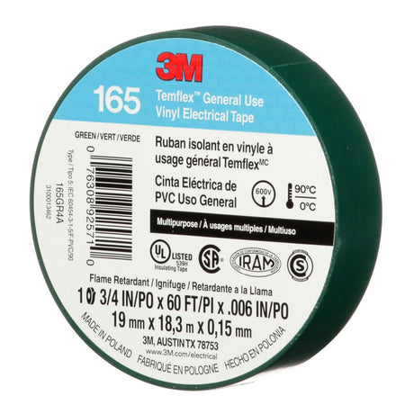 3M 165 Temflex Multi-Purpose Vinyl Electrical Tape, Green, 3/4 in x 60 ft, 6 mil, 600 V, PVC, Flame Retardant (165GR4A) (7100169430) (10 Rolls)  - (10Pack) - 3