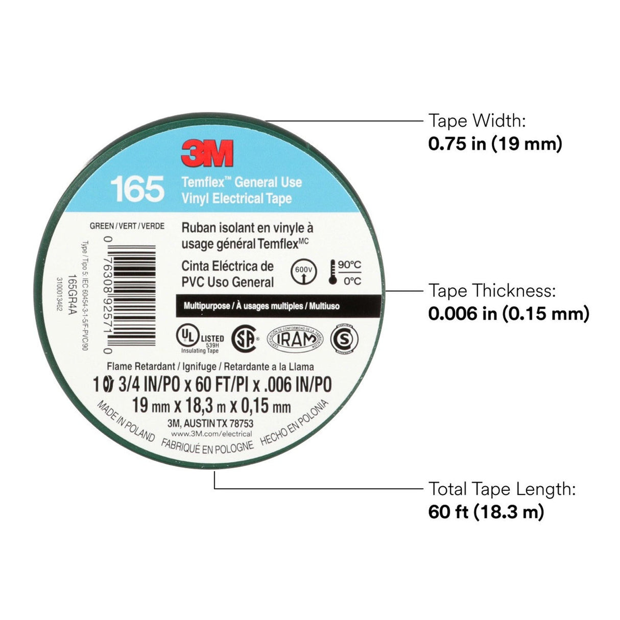 3M 165 Temflex Multi-Purpose Vinyl Electrical Tape, Green, 3/4 in x 60 ft, 6 mil, 600 V, PVC, Flame Retardant (165GR4A) (7100169430) (10 Rolls)  - (10Pack) - 9