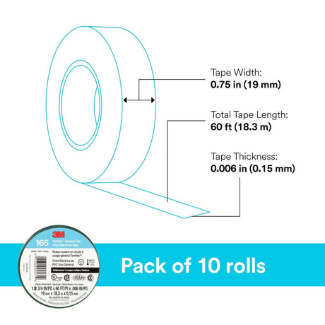 3M 165 Temflex Multi-Purpose Vinyl Electrical Tape, Green, 3/4 in x 60 ft, 6 mil, 600 V, PVC, Flame Retardant (165GR4A) (7100169430) (10 Rolls)  - (10Pack) - 10