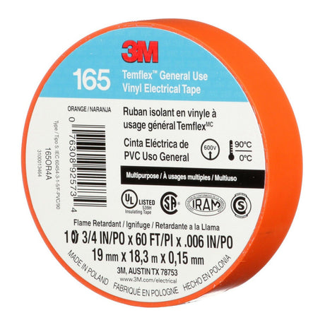 3M 165OR4A Temflex Multi-Purpose Vinyl Electrical Tape, Orange, 3/4 in x 60 ft, 6 mil (7100169433)  - (10 Pack) - 4