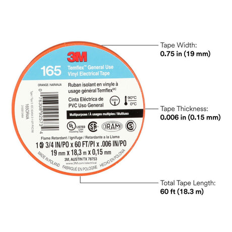 3M 165OR4A Temflex Multi-Purpose Vinyl Electrical Tape, Orange, 3/4 in x 60 ft, 6 mil (7100169433)  - (10 Pack) - 9