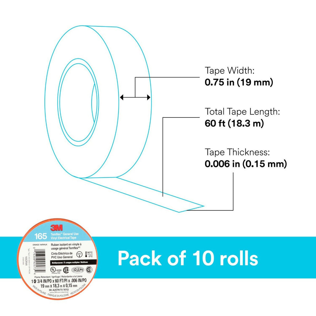 3M 165OR4A Temflex Multi-Purpose Vinyl Electrical Tape, Orange, 3/4 in x 60 ft, 6 mil (7100169433)  - (10 Pack) - 10