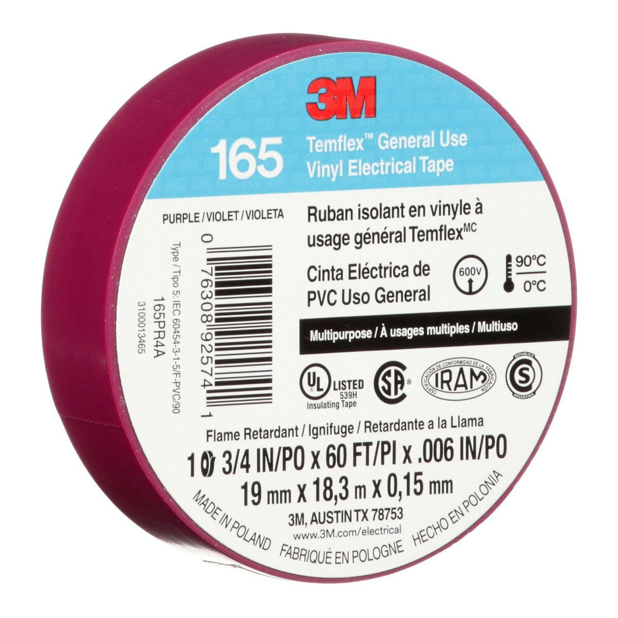 3M 165 Temflex Multi-Purpose Vinyl Electrical Tape, Purple, 3/4 in x 60 ft, 6 mil (165PR4A) (7100169434) (10 Roll Pack)  - (10Pack) - 7