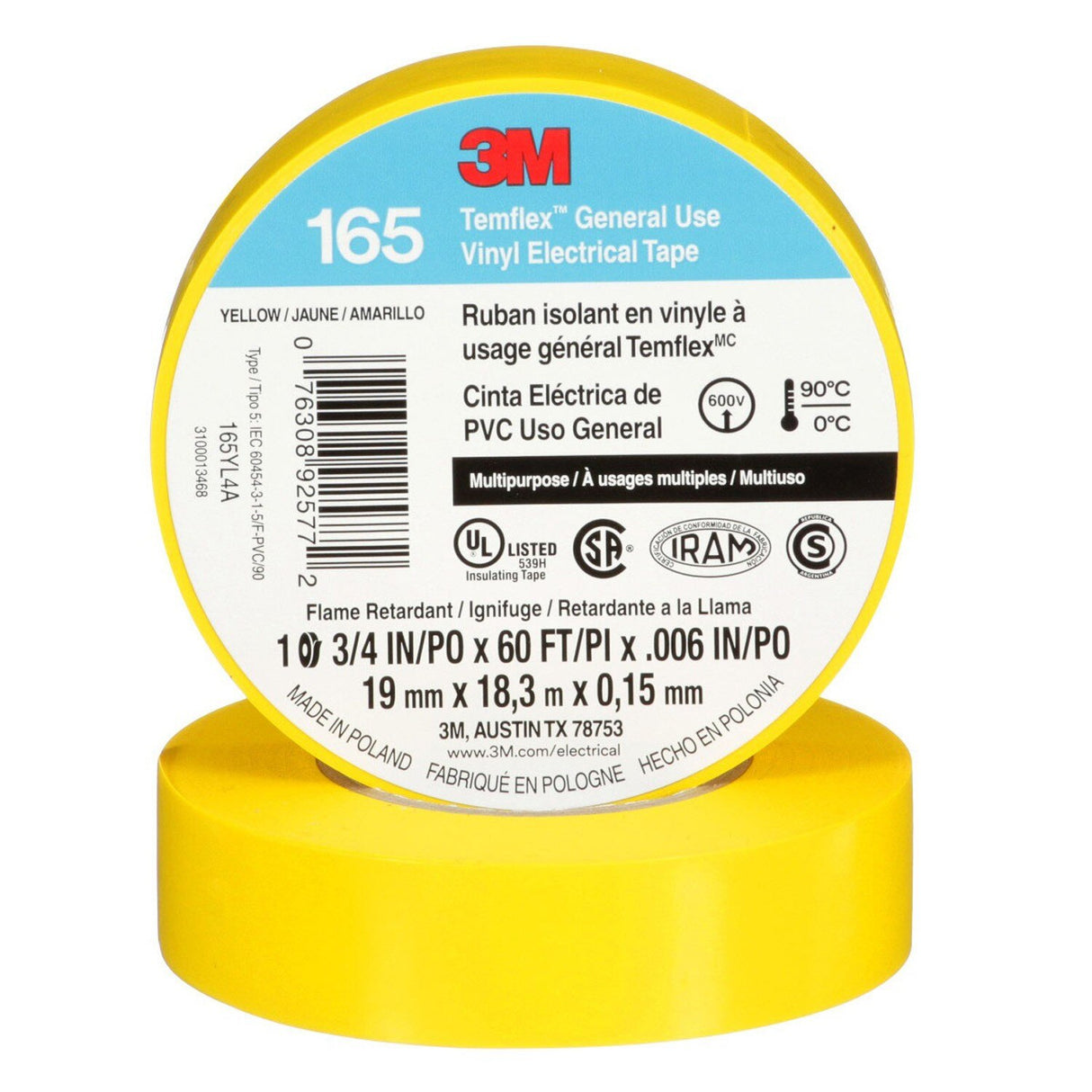 3M 165 165YL4A Temflex General Use Vinyl Electrical Tape, Yellow, 3/4 in x 60 ft, 6 mil (7100169490)  - (10 Pack) - 4