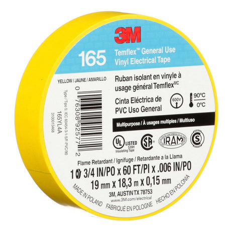 3M 165 165YL4A Temflex General Use Vinyl Electrical Tape, Yellow, 3/4 in x 60 ft, 6 mil (7100169490)  - (10 Pack) - 6