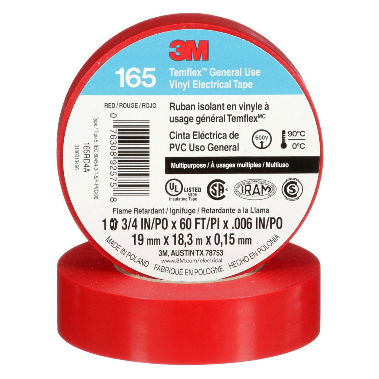 3M 165 Temflex Vinyl Electrical Tape, Red, 0.75 in x 60 ft, 6 mil, General Use, Flame Retardant (165RD4A) (7100169492) (10 Rolls/Pack)  - (10Pack) - 2