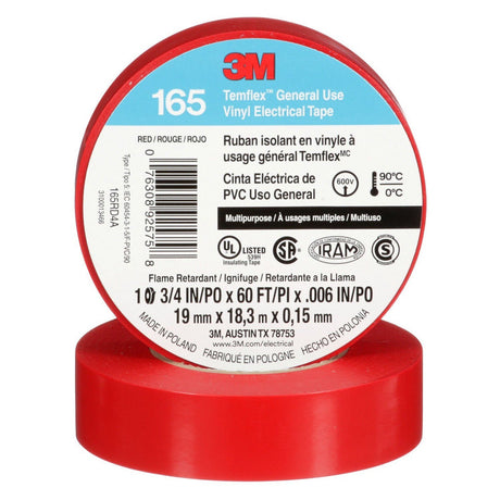 3M 165 Temflex Vinyl Electrical Tape, Red, 0.75 in x 60 ft, 6 mil, General Use, Flame Retardant (165RD4A) (7100169492) (10 Rolls/Pack)  - (10Pack) - 2