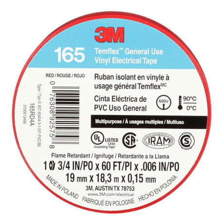 3M 165 Temflex Vinyl Electrical Tape, Red, 0.75 in x 60 ft, 6 mil, General Use, Flame Retardant (165RD4A) (7100169492) (10 Rolls/Pack)  - (10Pack) - 3