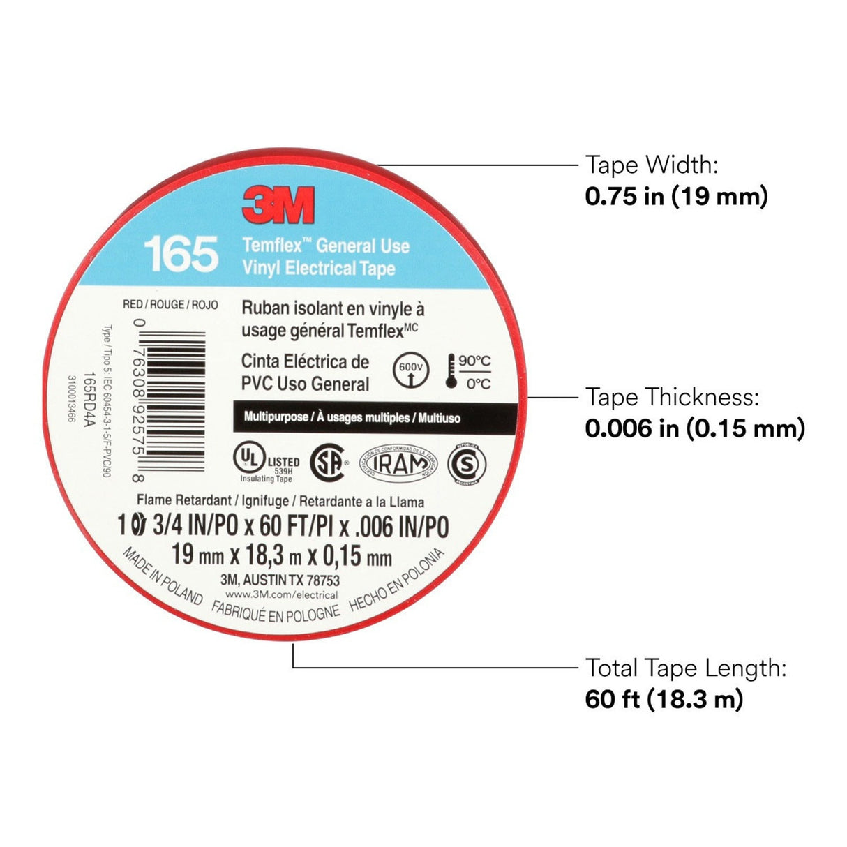 3M 165 Temflex Vinyl Electrical Tape, Red, 0.75 in x 60 ft, 6 mil, General Use, Flame Retardant (165RD4A) (7100169492) (10 Rolls/Pack)  - (10Pack) - 9