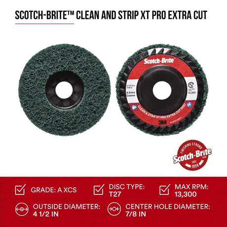 3M XC-DC Scotch-Brite Clean and Strip XT Pro Extra Cut Disc, A/O Extra Coarse, Green, 4-1/2 in x 7/8 in, Type 27 (7100175515) (10 Pack) - 2