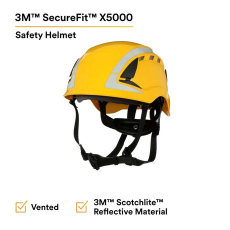 3M X5002VX-ANSI SecureFit Safety Helmet, Climbing-Style, 6-Point Suspension, Vented with Scotchlite Reflective, Yellow, (7100175563) - 3