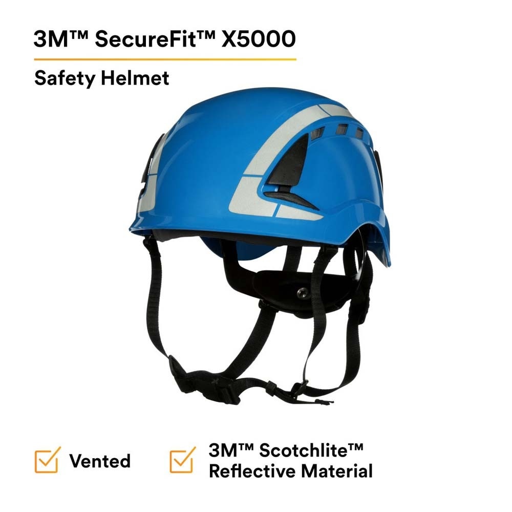 3M X5003VX-ANSI SecureFit X5000 Safety Helmet, Vented with Scotchlite Reflective Material, Blue, 6-Point Ratchet Suspension (7100175564) (4 Pack) - 2