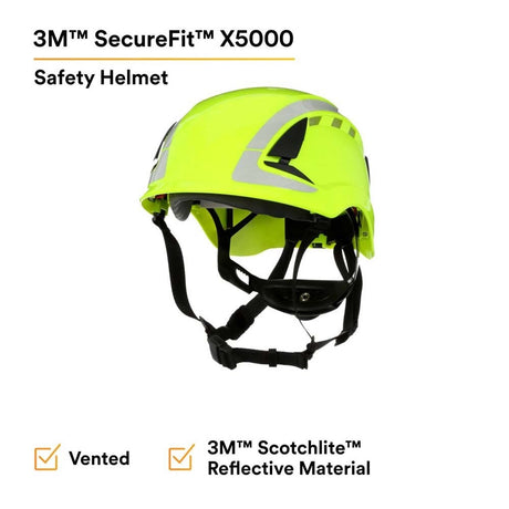 3M X5014VX-ANSI SecureFit Safety Helmet, Vented Climbing-Style with 6-Point Suspension and Scotchlite Reflective, Hi-Visibility Green (7100175569)  - (4 Pack) - 4