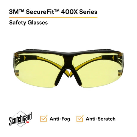 3M SF403XSGAF-YEL SecureFit 400 Series Safety Glasses, Yellow/Black, Amber Scotchgard Anti-Fog/Anti-Scratch Lens (7100179972) (1 Pair)  - (20 Pack) - 2