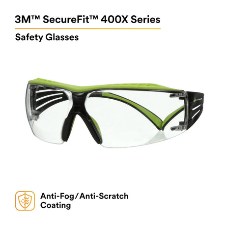 3M SF401XAF-GRN SecureFit 400 Series Safety Glasses, Green/Black, Clear Anti-Fog/Anti-Scratch Lens (7100180045)  - (20 Pack) - 2