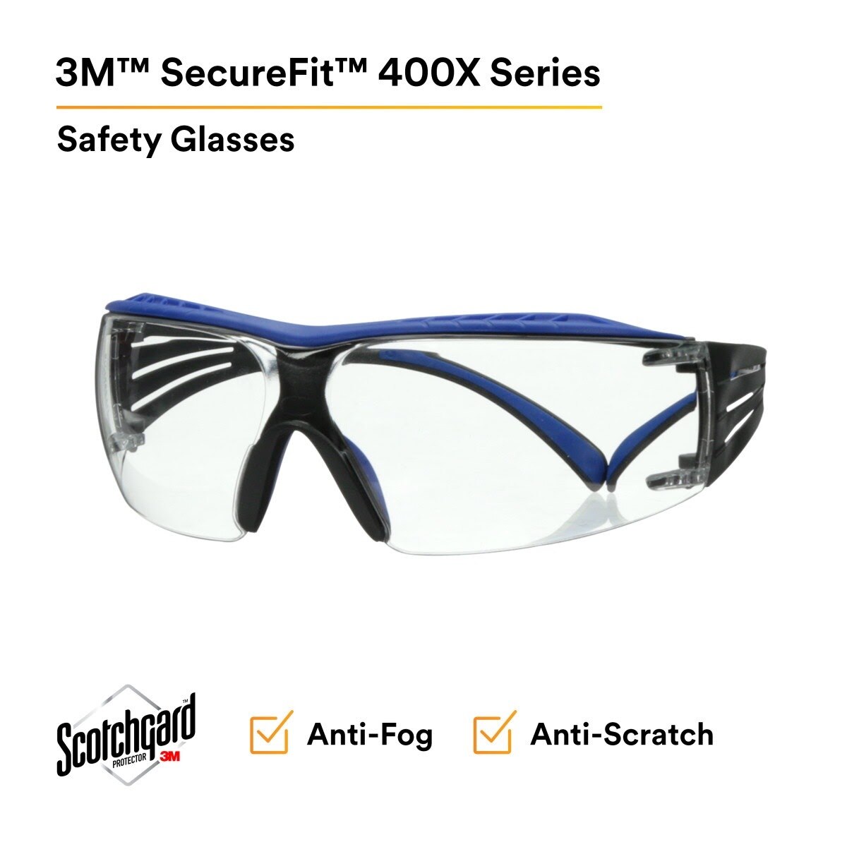 3M SF401XSGAF-BLU SecureFit 400 Series Safety Glasses, Blue/Gray, Clear Scotchgard Anti-Fog/Anti-Scratch Lens (7100180049)  - (20 Pack) - 3