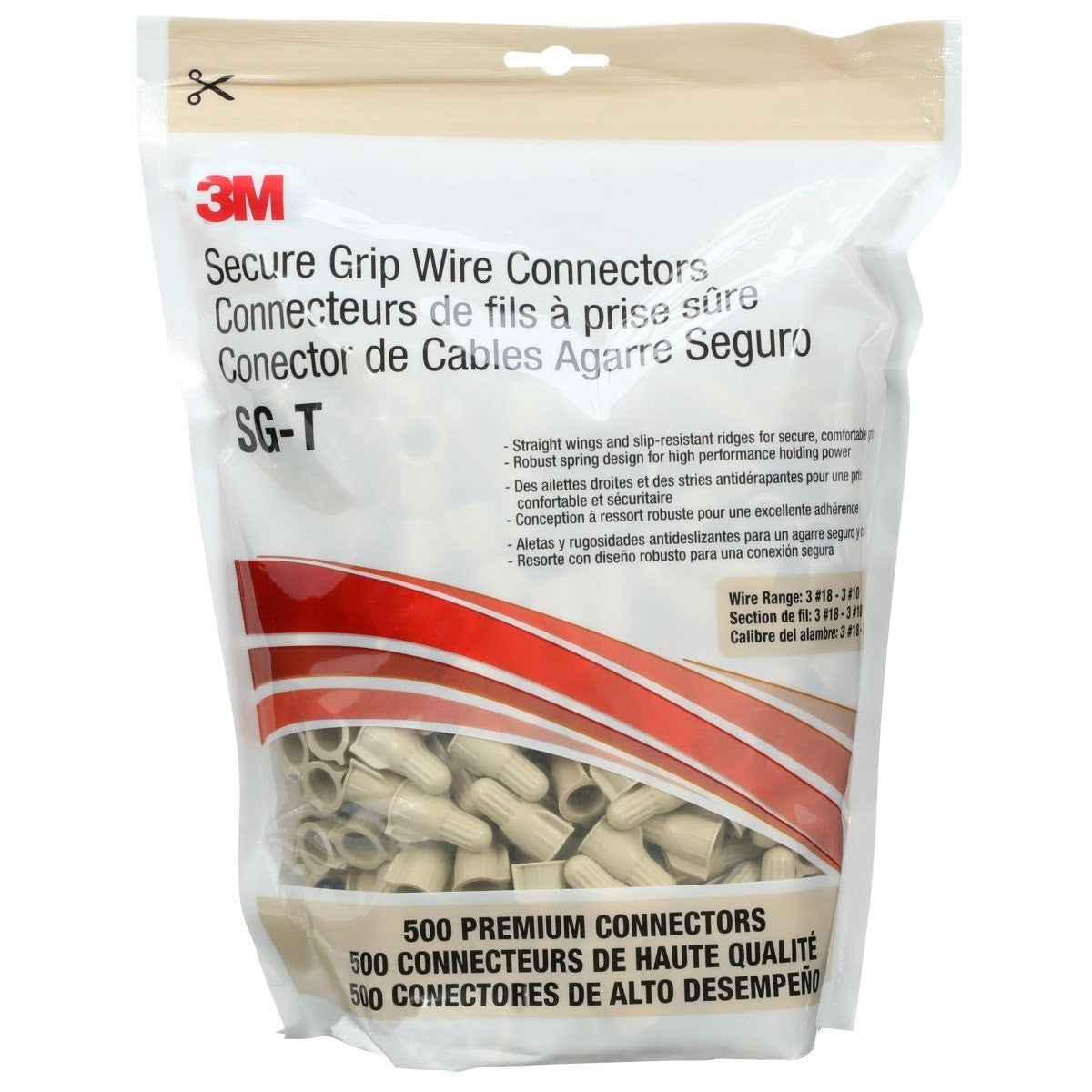 3M SG-T POUCH Secure Grip Wire Connector, Twist-on, Steel Spring, Straight Wing, 22-10 AWG, Tan (7100180514) (1000 Pack) - 6