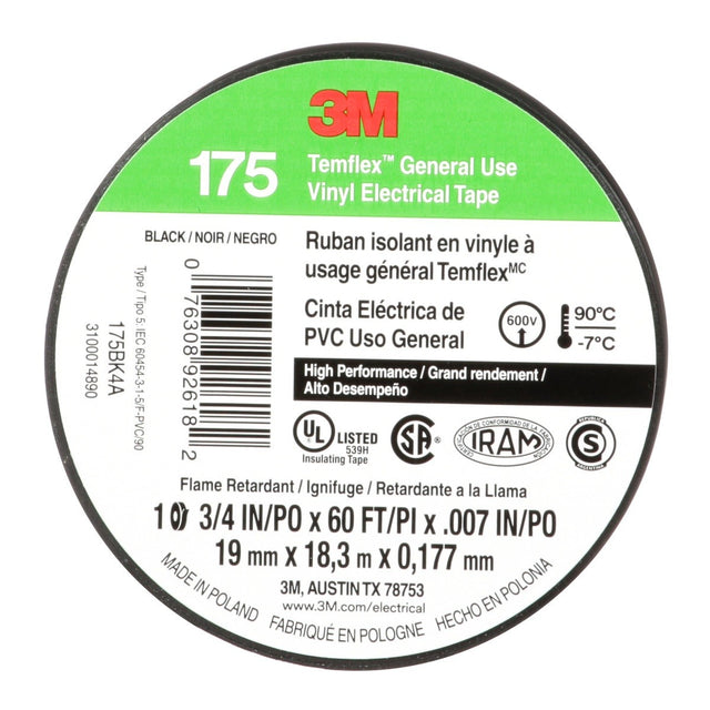 3M Temflex 175 Vinyl Electrical Tape, Black, 7 mil, 3/4 in x 60 ft, Flame Retardant, Rubber Adhesive (7100188506)