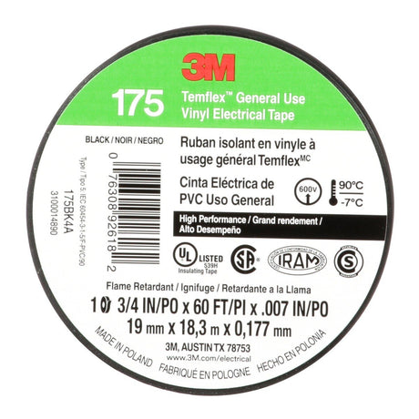 3M Temflex 175 Vinyl Electrical Tape, Black, 7 mil, 3/4 in x 60 ft, Flame Retardant, Rubber Adhesive (7100188506)  - (100 Pack)