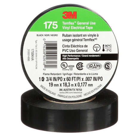 3M Temflex 175 Vinyl Electrical Tape, Black, 7 mil, 3/4 in x 60 ft, Flame Retardant, Rubber Adhesive (7100188506)  - (100 Pack) - 2