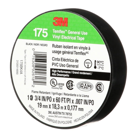 3M Temflex 175 Vinyl Electrical Tape, Black, 7 mil, 3/4 in x 60 ft, Flame Retardant, Rubber Adhesive (7100188506)  - (100 Pack) - 3