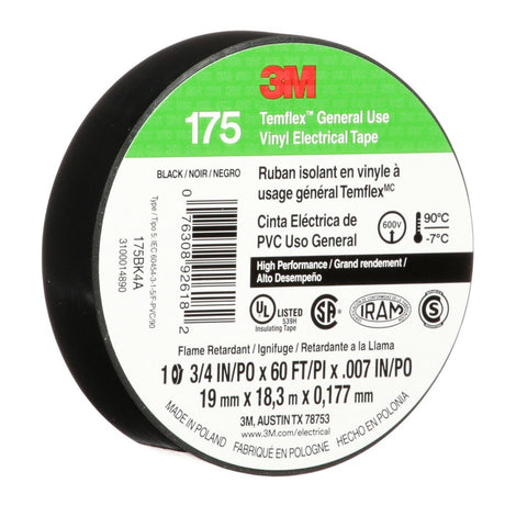 3M Temflex 175 Vinyl Electrical Tape, Black, 7 mil, 3/4 in x 60 ft, Flame Retardant, Rubber Adhesive (7100188506)  - (100 Pack) - 4