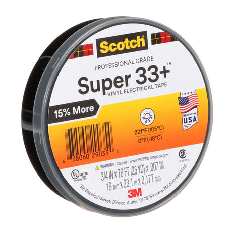 3M 33+-3/4X76FT-1 Scotch Super 33+ Vinyl Electrical Tape, Black, 3/4 in x 76 ft, 1 in Core, 7 mil, Professional Grade, All-Weather, Flame Retardant (7100201470)  - (100 Pack) - 5