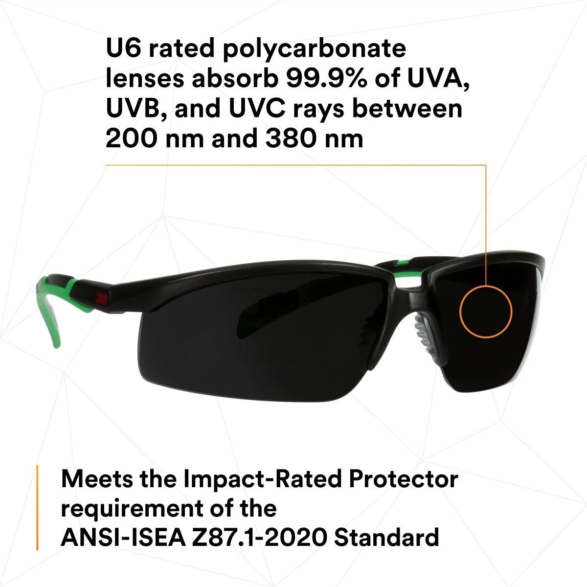 3M S2050AS-BLK Solus 2000 Series Safety Glasses, Anti-Scratch, IR Shade 5.0 Gray Lens, Black/Green Temples (7100203186) (20 Pack) - 6