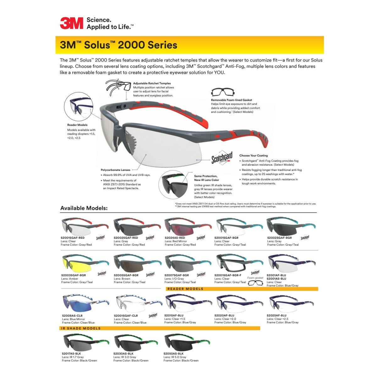 3M S2050AS-BLK Solus 2000 Series Safety Glasses, Anti-Scratch, IR Shade 5.0 Gray Lens, Black/Green Temples (7100203186) (20 Pack) - 9