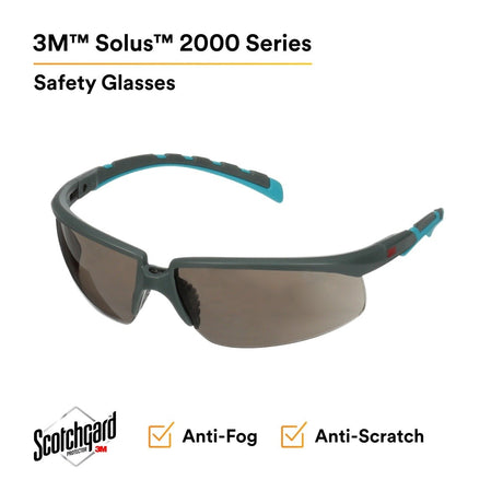 3M S2002SGAF-BGR Solus 2000 Series Safety Glasses with Scotchgard Anti-Fog Anti-Scratch Coating, Gray Lens, Gray Teal Frame, Adjustable Ratchet Temples (7100203287) (20 Pack) - 5
