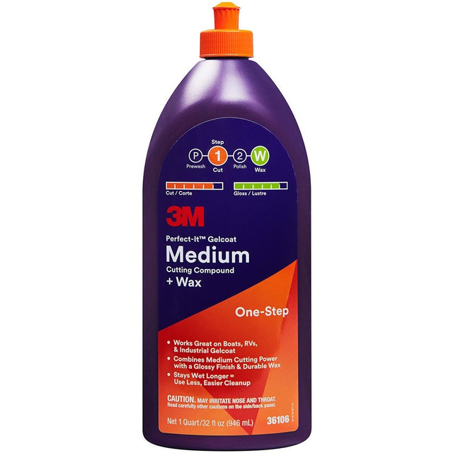 3M 36106 Gelcoat Medium Cutting Compound + Wax, 1 Quart, One-Step, P1500 and Finer Scratches, Fiberglass Oxidation Remover for Boats and RVs (7100210899)  - (6 Pack)