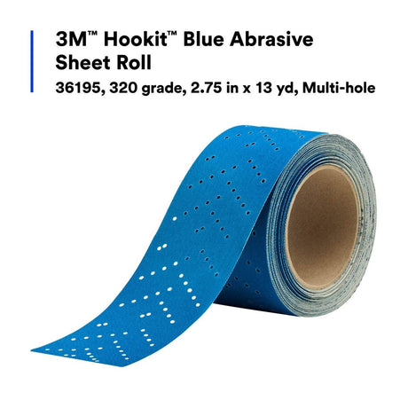 3M 321U 36195 Hookit Blue Abrasive Sheet Roll, Multi-Hole, 320 Grit, 2-3/4 in x 13 yd, Automotive Sanding (7100219220)  - (4 Pack) - 2