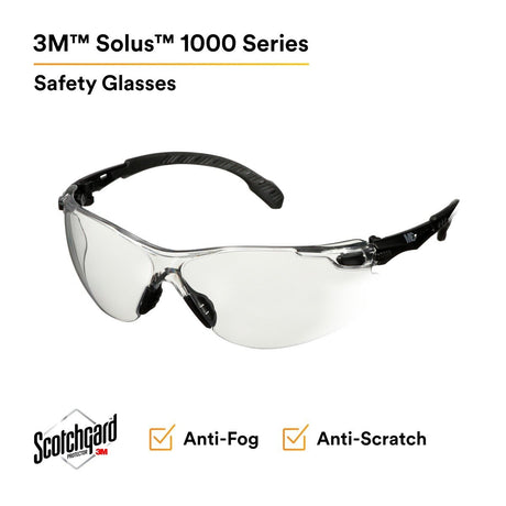 3M Scotchgard Solus 1000 Series Safety Glasses, Black Temples, Clear AF-AS Lens, Anti Fog Anti Scratch (S1501SGAF) (7100220751)  - (20Pack) - 2