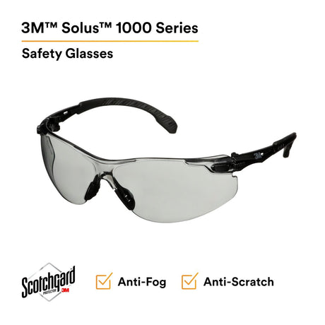 3M S1507SGAF Solus 1000 Series Safety Glasses, Black Temples, Indoor Outdoor Gray AF-AS Lens, Anti Fog Anti Scratch Coating (7100220752)  - (20 Pack) - 7
