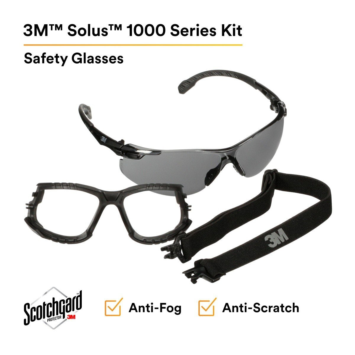 3M Solus 1000 Series Safety Glasses Kit, Black Frame, Gray Scotchgard Anti-Fog Lens (S1502SGAF-KT) (7100221211)  - (20Pack) - 2