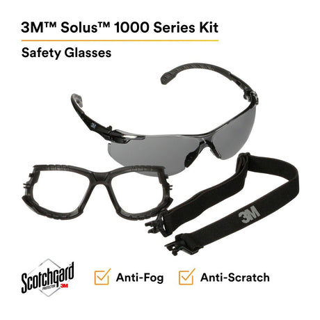 3M Solus 1000 Series Safety Glasses Kit, Black Frame, Gray Scotchgard Anti-Fog Lens (S1502SGAF-KT) (7100221211)  - (20Pack) - 2