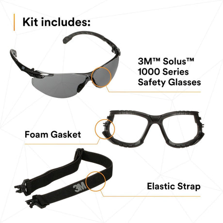 3M Solus 1000 Series Safety Glasses Kit, Black Frame, Gray Scotchgard Anti-Fog Lens (S1502SGAF-KT) (7100221211)  - (20Pack) - 3