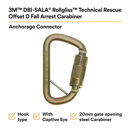 3M 2000117 Rollgliss Technical Rescue Offset D Fall Arrest Carabiner with Captive Eye, Gold, Medium (7100221696) - 2