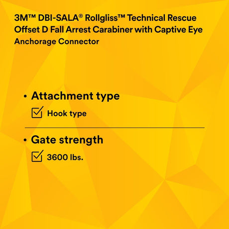 3M 2000117 Rollgliss Technical Rescue Offset D Fall Arrest Carabiner with Captive Eye, Gold, Medium (7100221696) - 9