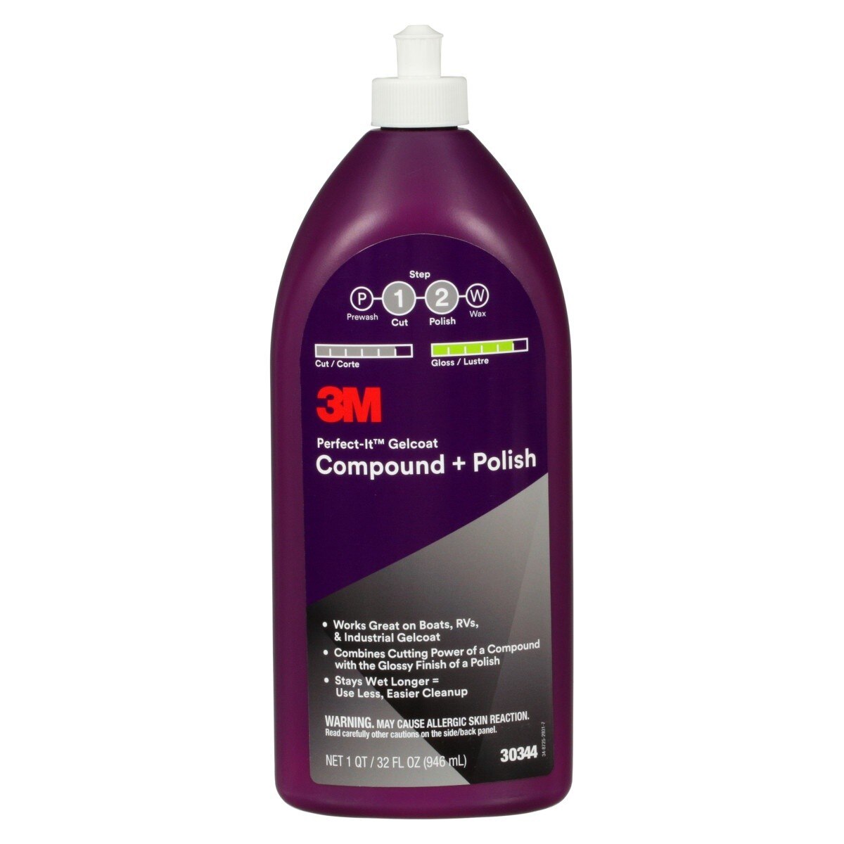 3M Perfect-It Gelcoat Compound + Polish, 1 qt (32 fl oz/946 mL) Bottle (30344) (7100223149)  - (6Pack)