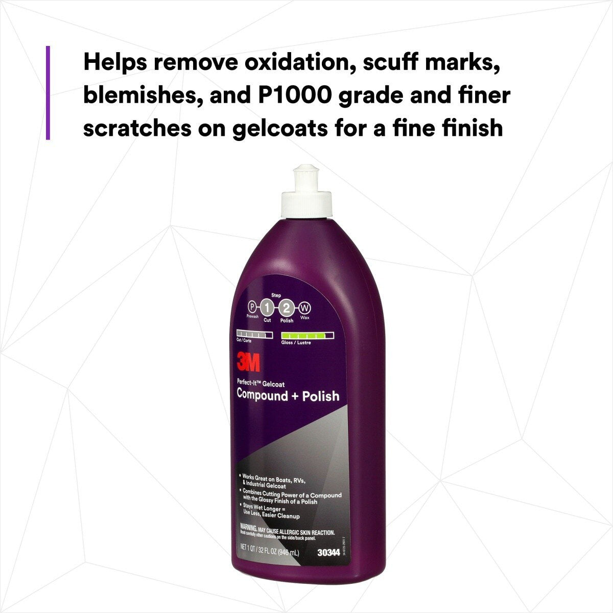 3M Perfect-It Gelcoat Compound + Polish, 1 qt (32 fl oz/946 mL) Bottle (30344) (7100223149)  - (6Pack) - 3