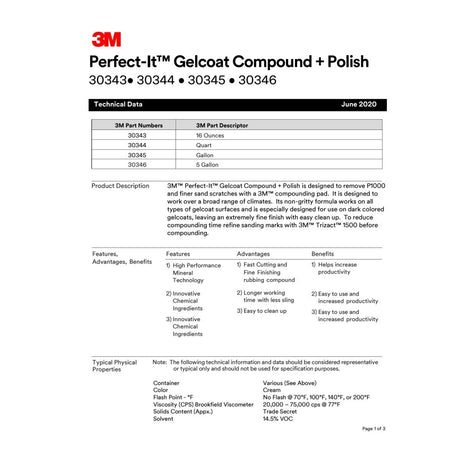 3M Perfect-It Gelcoat Compound + Polish, 1 qt (32 fl oz/946 mL) Bottle (30344) (7100223149)  - (6Pack) - 9