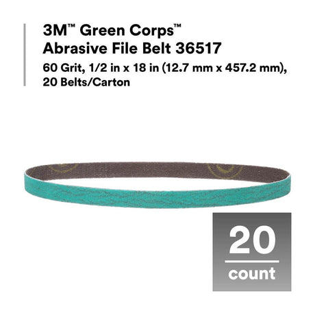 3M 36517 Green Corps Abrasive File Belt, 60 Grit, Ceramic Aluminum Oxide, Green, 1/2 in x 18 in (7100226310) (100 Pack) - 2